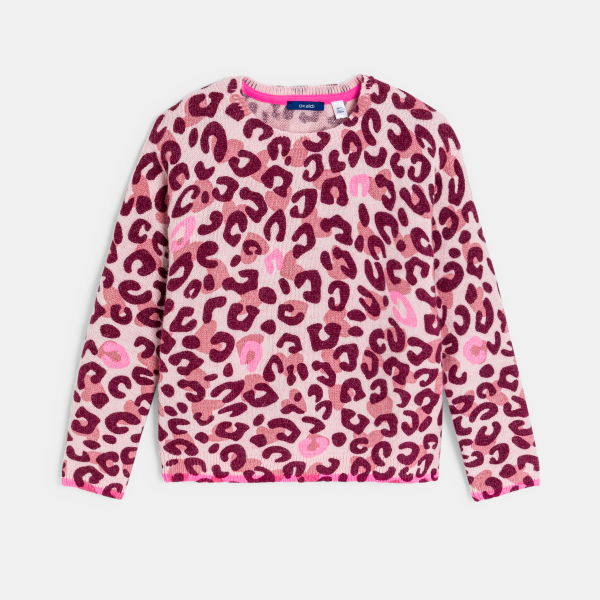 بلوفر مطبوع عليه صورة فهد، وردي اللون، للفتيات